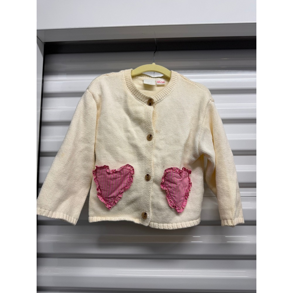 Zara Kids Girls Cream Knit Cardigan Pink Heart Ruffle Pockets Button Sweater